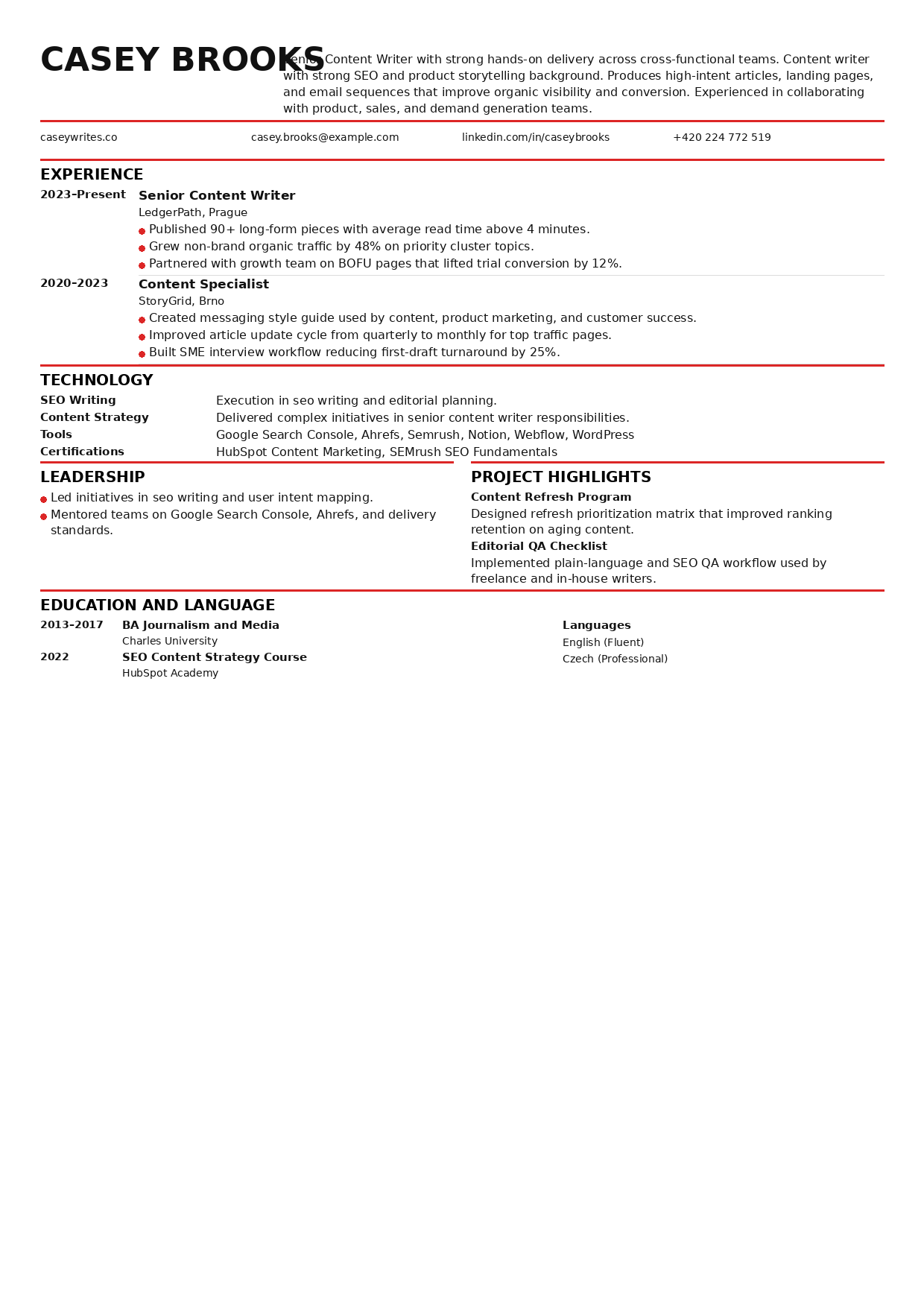 Content writer resume preview