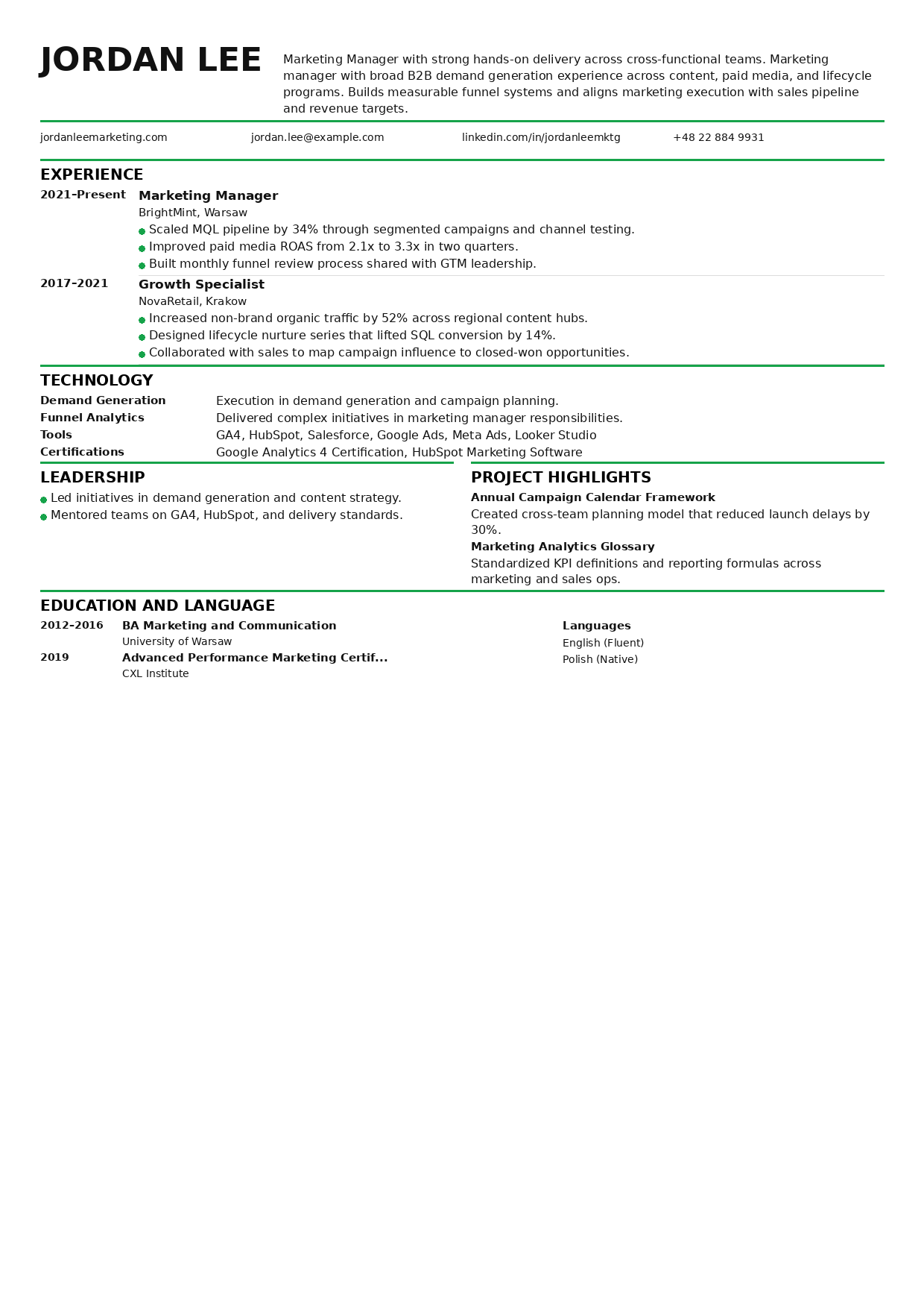 Marketing manager resume preview