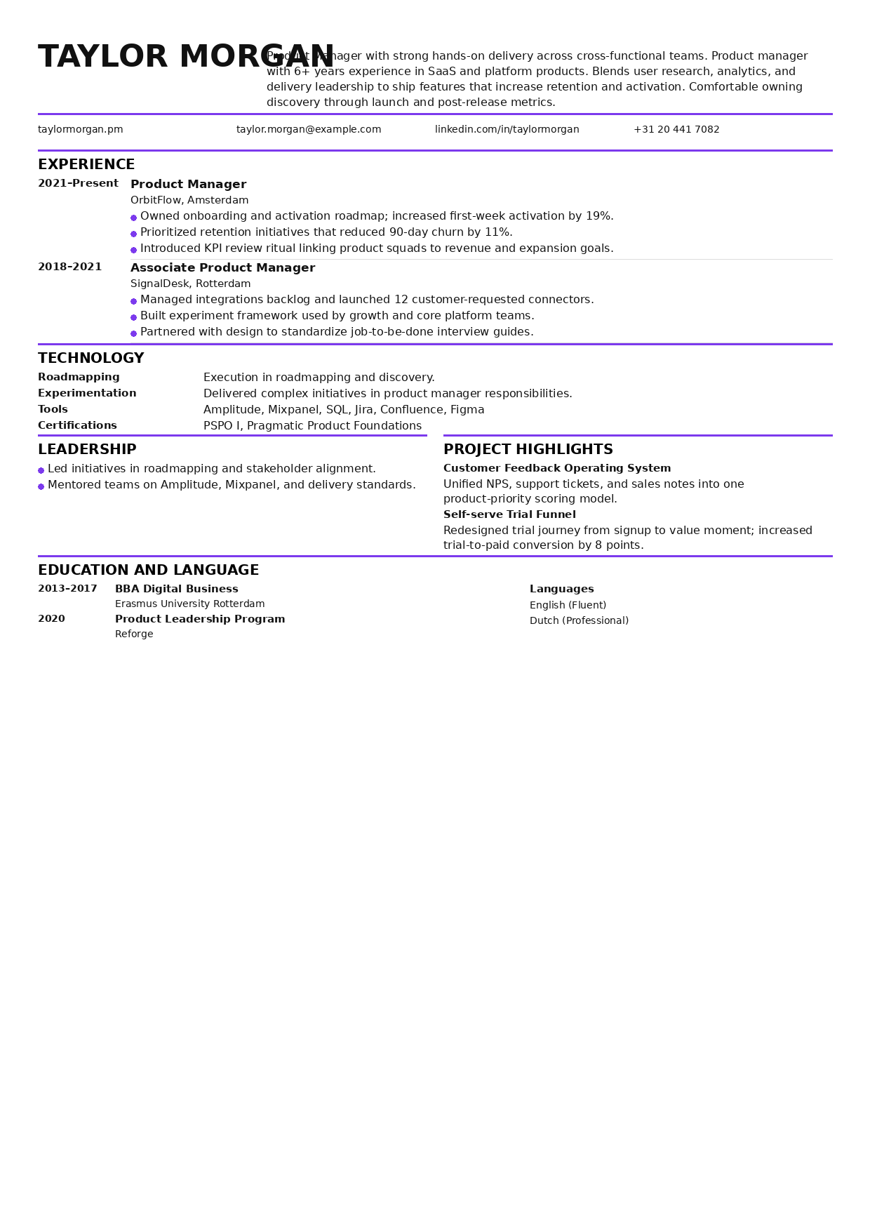 Product manager resume preview