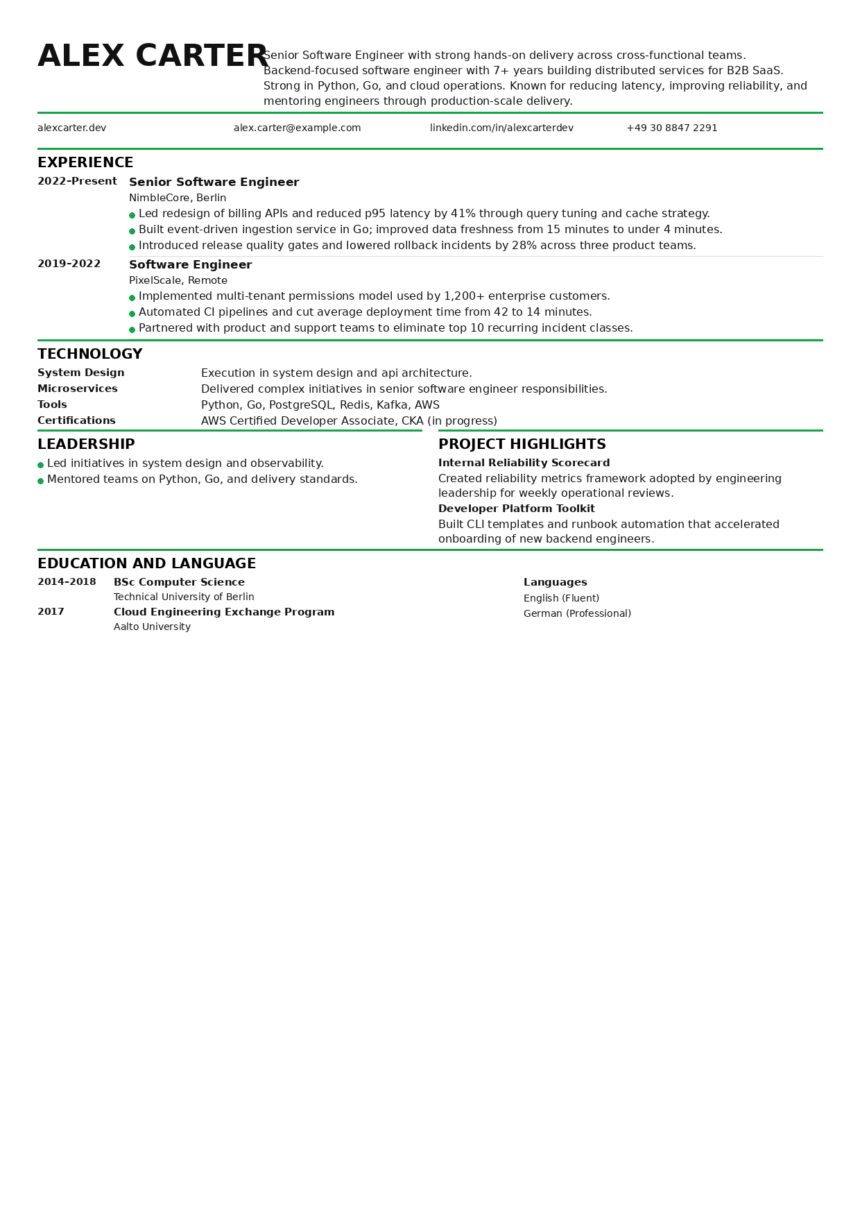 Software engineer resume preview