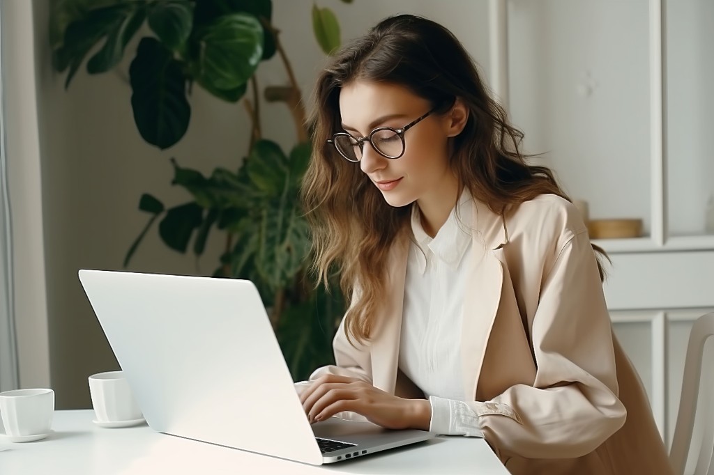 Professional at laptop, resume and career focus