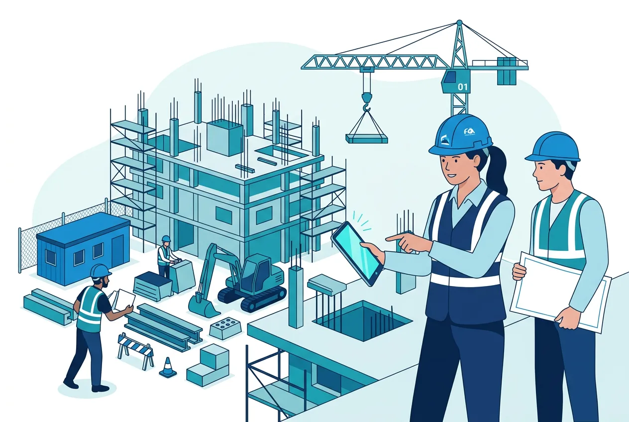 Isometric illustration of construction professionals in hard hats and vests reviewing a digital tablet and blueprints at a multi-story concrete jobsite with crane, excavator, and crew—representing site leadership and digital coordination.