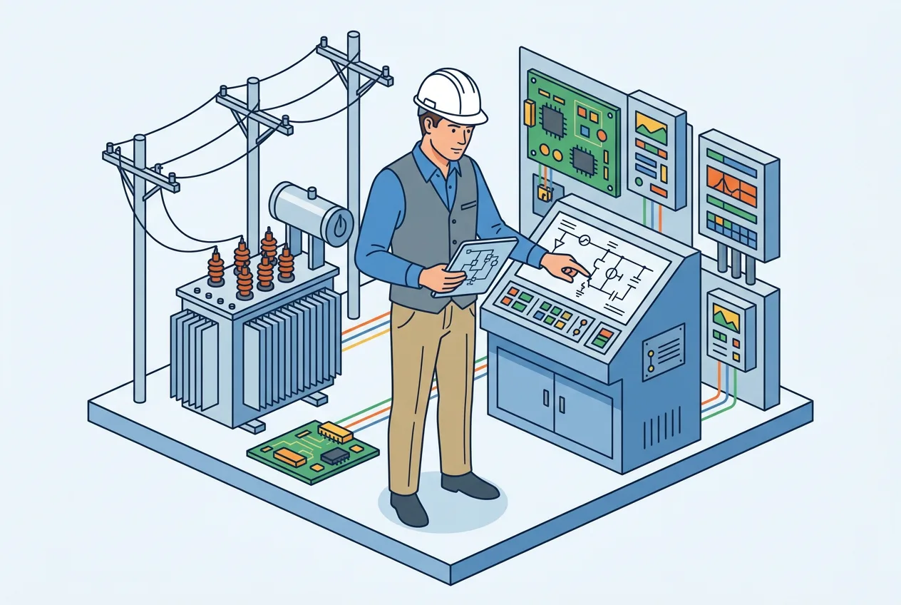 Isometric illustration of an electrical engineer in a hard hat at an industrial control console with a schematic display, holding a tablet, near a transformer, utility poles, and circuit boards—representing power systems and controls work.