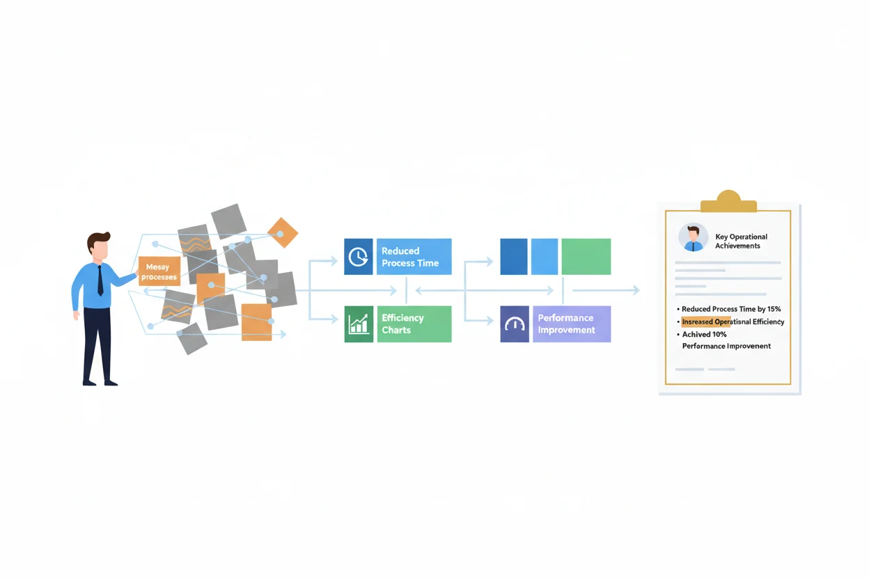 Operations manager reviewing workflow metrics, SLA trends, and team performance before updating a resume.