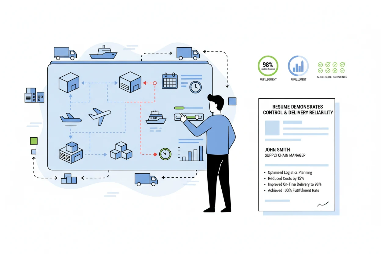 Supply chain manager reviewing planning dashboards, service-level metrics, and inventory decisions before updating a resume.
