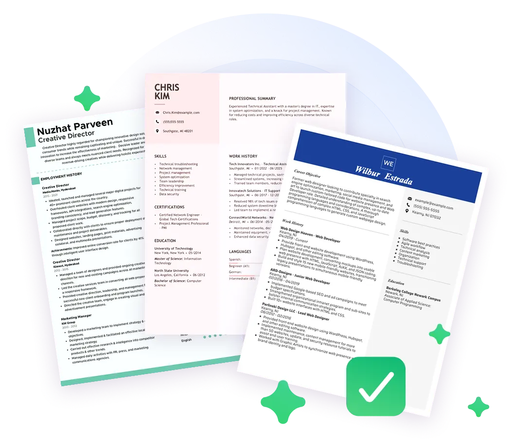 Professional resume template examples with spotlight, sparkles, and a green success checkmark — free ATS resume check on Pitch My CV.
